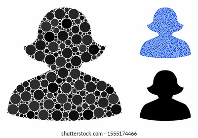 Female composition of round dots in various sizes and shades, based on female icon. Vector round dots are combined into blue composition. Dotted female icon in usual and blue versions.