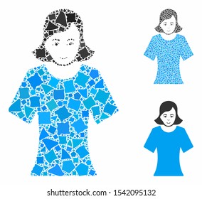 Female composition of trembly items in various sizes and color tints, based on female icon. Vector trembly parts are united into collage. Female icons collage with dotted pattern.
