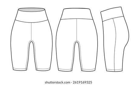 Pantalones cortos de compresión femeninos frente y vista trasera diseño técnico de Vector plano sketch maqueta Plantilla.
