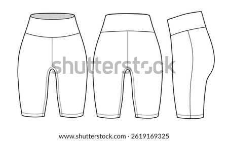 Female compression shorts front and back view design technical flat sketch vector mockup template.