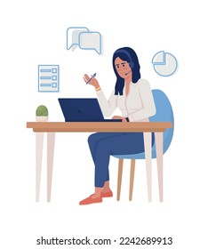 Carácter vector de color semiplano de trabajadora de computadora. Figura editable. Persona de cuerpo entero sobre blanco. Consultor de operador simple ilustración de estilo de caricatura para diseño gráfico web y animación