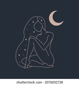 Female concept moon girl illustration, beautiful esoteric female silhouette and logo template