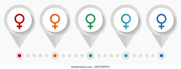 Female concept vector icons, editable infographic template, set of colorful flat design pointers
