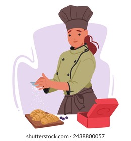 Croissants De Oro Con Un Velo Nevado De Azúcar En Polvo, Creando Una Dulce Sinfonía De Sabor Y Elegancia Para Una Deliciosa Experiencia Culinaria. Ilustración vectorial