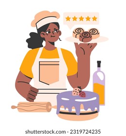 Female confectioner. Small business-owner. Black woman in an apron making and selling sweets. Baker cooking a cake for holiday or celebration. Flat vector illustration