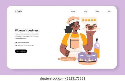 Female confectioner web banner or landing page. Small business-owner. Black woman in an apron making and selling sweets. Baker cooking a cake for holiday or celebration. Flat vector illustration