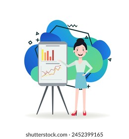 Female conference speaker near flipchart flat vector illustration. Happy Asian woman making presentation of financial report. Presentation, coaching, marketing concept for web design or banner