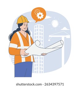 Female Construction Engineer Analyzing Architectural Blueprint On-Site