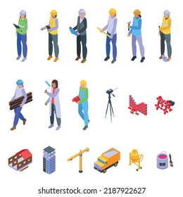 Female Construction Engineer Icons Set Isometric Vector. Architect Worker. Construction Civil