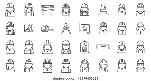 Female construction engineer icons set outline vector. Worker architect. Civil builder hat