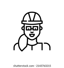 Female construction engineer or manager. Woman wearing a hard hat and glasses. Pixel perfect, editable stroke icon