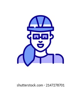 Female construction engineer or manager. Woman wearing a hard hat and glasses. Pixel perfect, editable stroke color icon