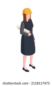 Female construction engineer in yellow hardcap holding paper rolls with plan isometric icon vector illustration