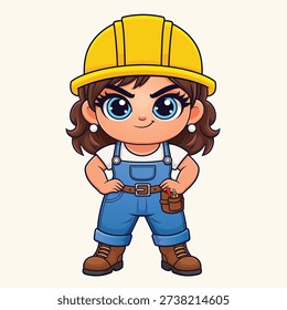 Female construction worker cartoon vector illustration. builder mascot character