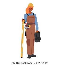 Personaje de la trabajadora de la construcción femenina en overoles de trabajo se encuentra alto, caja de herramientas firmemente agarrado, nivel en la mano, listo para medir y construir con habilidad y precisión. Ilustración vectorial de Personas de dibujos animados