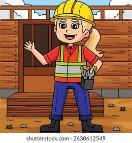 Female Construction Worker Colored Cartoon 