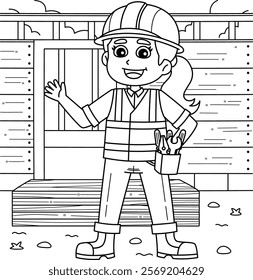 Female Construction Worker Coloring Page for Kids