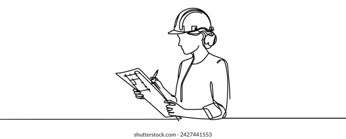 Trabajadora de la construcción. Estilo de línea continuo. Dibujado a mano. Una línea. Diseño vectorial. ilustración