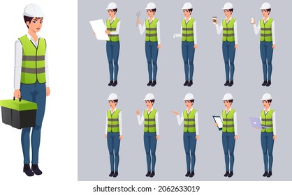 Female Construction Worker, Engineer Character Set With Different Poses, Tools and Actions