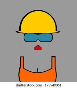 female construction worker with hard hat and lipstick