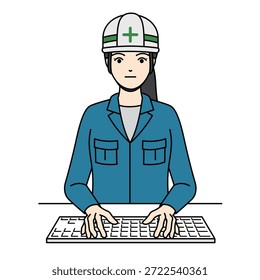 Trabalhadora de construção feminina com digitação de capacete no teclado
