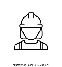 Icono de trabajadora de construcción femenina. Trabajo, constructor, empleado, concepto de hardhat. Estilo de contorno simple. Ilustración de diseño de vector de línea delgada aislada en fondo blanco. EPS 10.