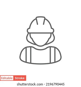 Female construction worker icon. Labor, builder, employee, hardhat concept. Simple outline style. Thin line vector design illustration isolated on white background. Editable stroke EPS 10.