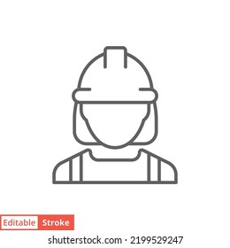 Icono de trabajadora de construcción femenina. Trabajo, constructor, empleado, concepto de hardhat. Estilo de contorno simple. Ilustración de diseño de vector de línea delgada aislada en fondo blanco. EPS de trazo editable 10.