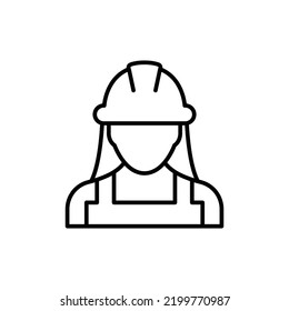 Icono de trabajadora de construcción femenina. Trabajo, constructor, empleado, concepto de hardhat. Estilo de contorno simple. Ilustración de diseño de vector de línea delgada aislada en fondo blanco. EPS 10.