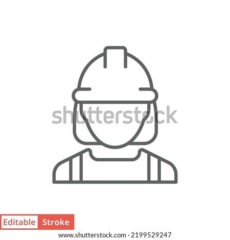 Female construction worker icon. Labor, builder, employee, hardhat concept. Simple outline style. Thin line vector design illustration isolated on white background. Editable stroke EPS 10.