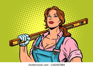 female construction worker with level. Pop art retro vector illustration vintage kitsch