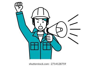 Una trabajadora de la construcción protestando con un altavoz