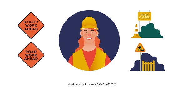 Trabajadora con uniforme y casco en forma de círculo oscuro, trabajo de utilidad por delante, señalización de trabajo por carretera, diversos antecedentes de construcción de carreteras. Ilustración moderna de vectores planos. Plantilla de medios sociales.