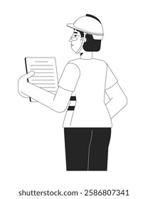 Female construction worker reviewing project document black and white 2D line character. Safety helmet woman supervisor clipboard isolated vector outline person. Monochromatic spot illustration