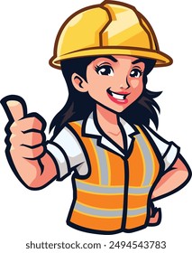 Female Construction Worker in Safety Gear and Hard Hat Isolated on a white background