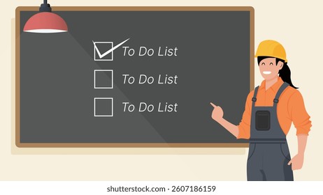 A female construction worker in safety gear presenting a to-do list on a chalkboard. The checklist represents task management, project planning, work productivity, and goal achievement.