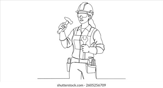 female construction worker single line art drawing sketch on white background