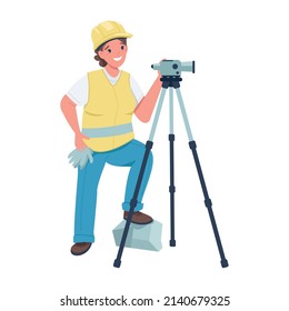 Female Construction Worker With Video Camera Semi Flat Color Vector Character. Full Body Person On White. Gender Equality Simple Cartoon Style Illustration For Web Graphic Design And Animation