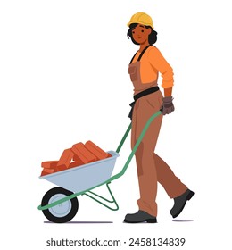 Female Construction Worker Wearing A Yellow Hard Hat, Orange Shirt, And Brown Overalls. Pushing A Wheelbarrow Containing Bricks Involved In Masonry Or Material Transport Tasks On A Construction Site