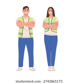 and female construction workers wearing reflective safety vests and casual work clothes. Professional labor characters standing confidently with crossed arms, isolated on white background. Perfect for construction themes, building projects, engineering concepts, workplace safety campaigns, and industrial design materials.