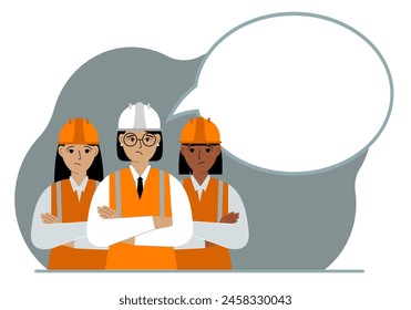 Trabajadoras de la construcción con cascos y chalecos blancos y naranjas, junto a una burbuja de pensamiento blanco. Planes, pensamientos, lugares, estrategias. Ilustración plana de Vector.