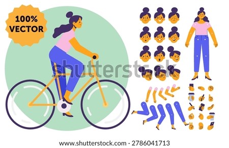 Female Constructor Animation Kit With Bicycle. Female character constructor animation kit with bicycle pose, facial expressions, hand gestures and editable body parts. Flat vector set for animation, apps, websites and branding.