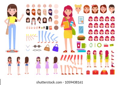 Female constructor collection, character constructor with accessories and details, emotions and hairstyles set, vector illustration isolated on white