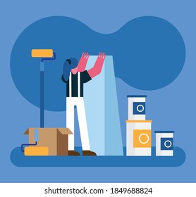 female constructor worker remodeling with paint equipment vector illustration design