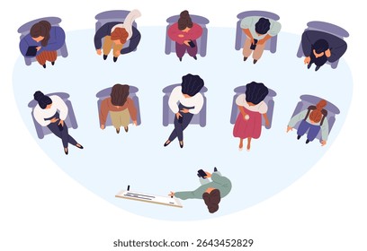 Female consultant giving presentation seated people top view. Forum audience. Men and women group at armchairs. Business office conference. Lecturer presenting project at whiteboard. Vector concept
