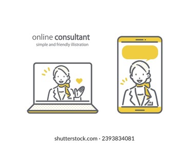 consultora femenina, apoyo en línea, ilustración simple