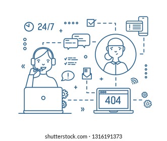 Female consultant wearing headphones with microphone answering clients' questions drawn with outlines on white background. 24 hour technical support. Monochrome vector illustration in linear style.