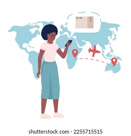 Female consumer waiting for parcel with mobile app flat concept vector illustration. Editable 2D cartoon character on white for web design. Delivery creative idea for website, mobile, presentation