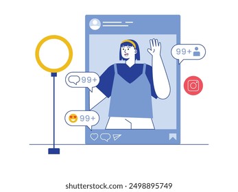 Female content creator about beauty and fashion, posting photos on social media apps. Character design. Vector flat illustration