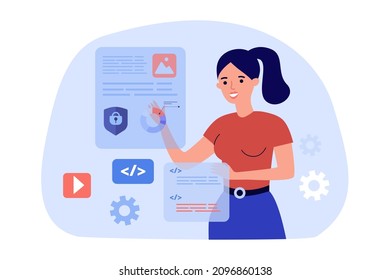 Female content creator analyzing statistics on website. Girl managing information online, content management flat vector illustration. Social media marketing concept for banner or landing web page